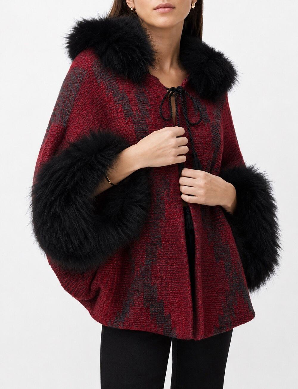 Ralph Lauren Merino Wool Silk Cashmere Feather Trim Poncho Red Black XL